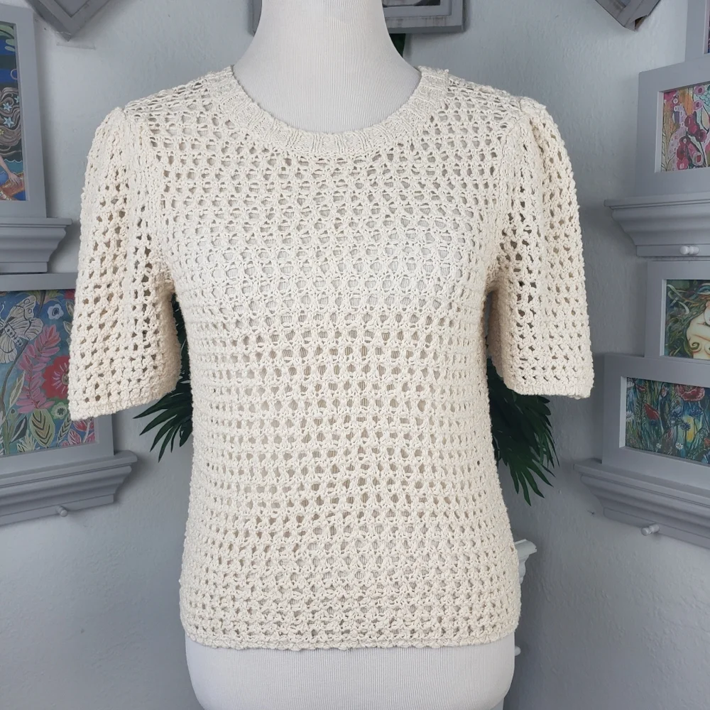 Joie Cream Open Weave Mesh Puffy Sleeves Fairycore Coquette sz Small